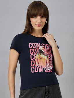 98 Degree North - Women Navy Blue Graphic Print Cotton T-Shirt