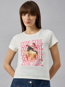 98 Degree North - Women Off White Graphic Print Cotton T-Shirt