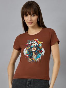 98 Degree North - Women Brown Graphic Print Cotton T-Shirt
