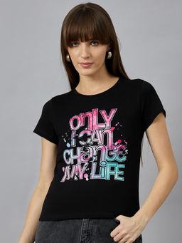 98 Degree North - Women Black Graphic Print Cotton T-Shirt