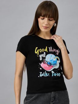 98 Degree North - Women Black Graphic Print Cotton T-Shirt