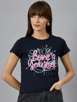 98 Degree North - Women Navy Blue Graphic Print Cotton T-Shirt