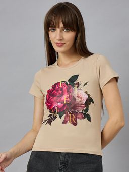 98 Degree North - Women Beige Graphic Print Cotton T-Shirt