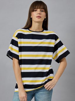 98 Degree North - Women Navy Blue Stripes Print Cotton T-Shirt