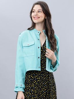 TOKYO TALKIES - Women Blue Solid Crop Denim Jacket