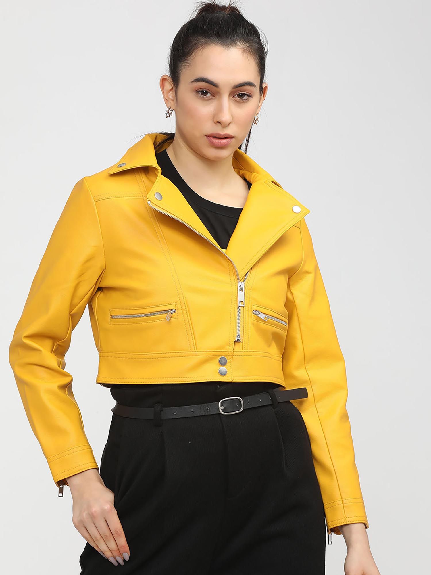 tokyo talkies Women Yellow Crop Biker Jacket-picture-38
