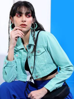 TOKYO TALKIES - Women Turquoise Blue Solid Crop Denim Jacket