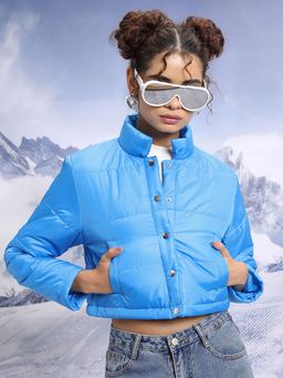TOKYO TALKIES - Women Blue High Neck Crop Puffer Jacket
