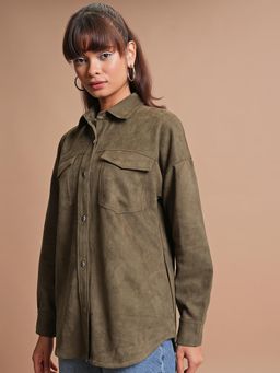 TOKYO TALKIES - Women Green Collar Open Front Shacket