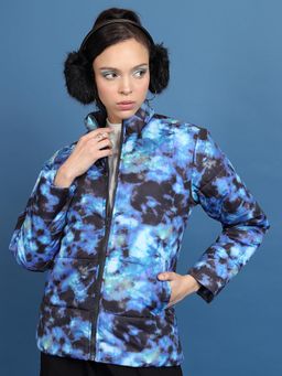 TOKYO TALKIES - Women Blue Abstract Printed High Neck Padded Jacket