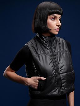 TOKYO TALKIES - Women Black Solid Crop Puffer Jacket