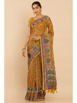 Soch - Women Mustard Linen Floral Saree with Unstitched Blouse
