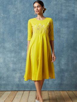 Okhai - Yellow Amber Hand Embroidered Pure Cotton Dress (Set of 2)