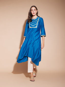 Pink Fort - Blue Viscose Solid Asymmetrical Kurta