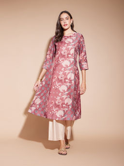 Pink Fort - Pink Chanderi Floral Print A-Line Kurta