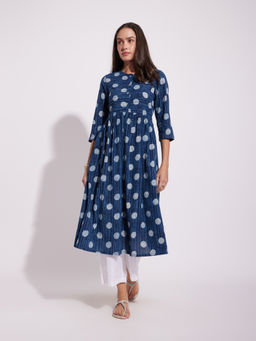 Pink Fort - Navy Blue Cotton Dabu Polka Play Kurta