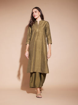 Pink Fort - Olive Viscose Khadi Print Kurta