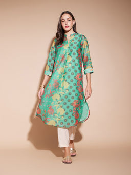 Pink Fort - Green Viscose Floral Print Kurta