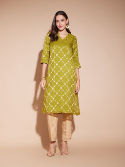 Pink Fort - Green Jacquard Woven Design A-Line Kurta