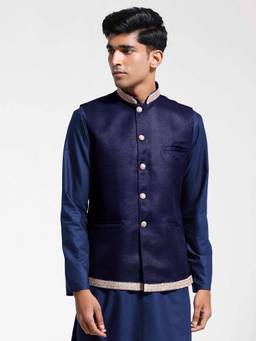 Vastramay - Men's Navy Blue Jute Nehru Jacket