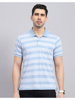 Monte Carlo - Mens Sky Blue Striped Half Sleeve Polo T-Shirt