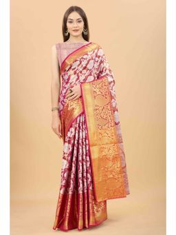 Silk Land - Zari Tissue Silk Saree with Unstiched Blouse Piece Pink with Unstitched