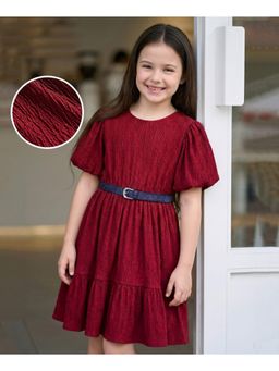 Hola Bonita - Knit Half Sleeves Textured Fabric Dress with Belt