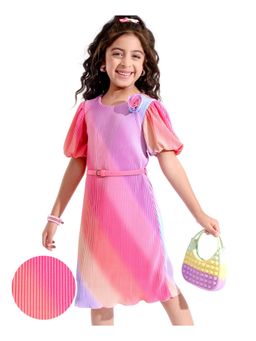 Hola Bonita - Knit Half Sleeves Rainbow Pleated Fabric Dress with Belt
