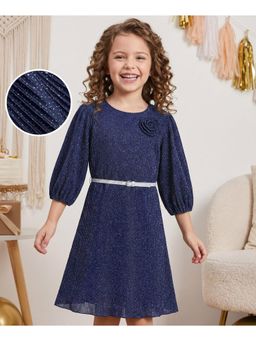 Hola Bonita - Knit Three Fourth Sleeves Shimmer Dress with Belt
