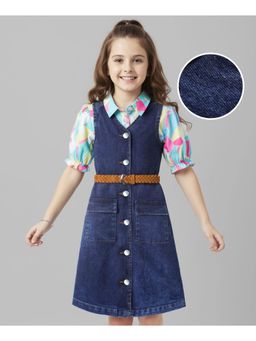 Hola Bonita - Woven Half Puffed Printed Top with Denim Dress and Belt