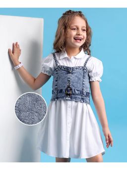 Hola Bonita - Cotton Woven Half Puffed Sleeves Solid Dress with Denim Jacket