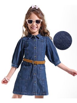 Hola Bonita - Woven Three Fourth Sleeves Solid Color Denim Shirt Dress with Belt