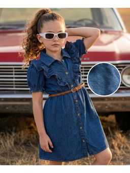 Hola Bonita - Denim Half Puffed Sleeves Shirt Style Frock with Belt