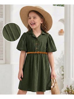 Hola Bonita - Knit Half Flutter Sleeves Texture Solid Color Dress with Belt