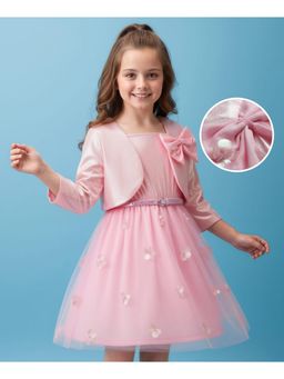 Hola Bonita - Knit Full Sleeves Shimmered Shrug Dress with Floral Applique and Belt