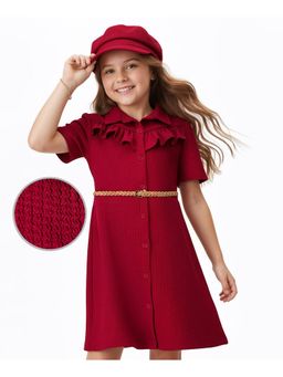 Hola Bonita - Knit Half Sleeves Textured Fabric Solid Dress with Belt