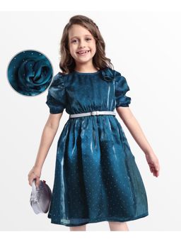 Hola Bonita - Woven Ruched Short Sleeves Shimmer Party Dress with Belt