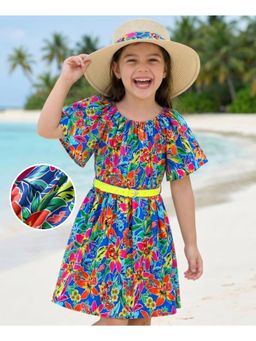 Hola Bonita - Woven Half Sleeves Floral Printed Frock with Belt