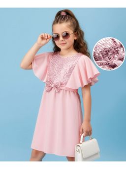 Hola Bonita - Knit Half Flutter Sleeves Party Dress with Belt Bow Applique