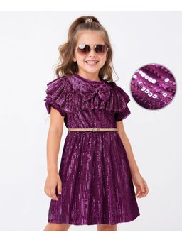 Hola Bonita - Knit Half Sleeves Sequinned Party Dress with Bow Applique and Belt