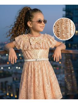 Hola Bonita - Knit Half Sleeves Sequinned Party Dress with Bow Applique and Belt