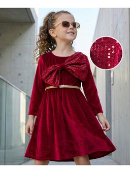 Hola Bonita - Three Fourth Sleeves Velvet Dress with Sequined Bow Applique and Belt