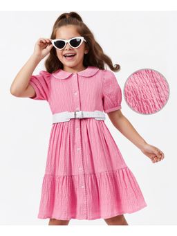 Hola Bonita - Knit Half Sleeves Textured Solid Dress with Belt