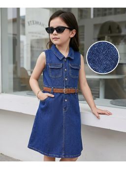 Hola Bonita - Cotton Woven Sleeveless Solid Denim Dress with Belt