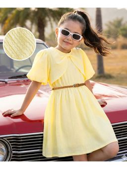 Hola Bonita - Knit Half Sleeves Textured Solid Dress with Belt