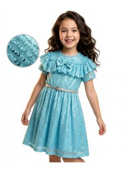 Hola Bonita - Knit Half Sleeves Sequinned Party Dress with Bow Applique and Belt