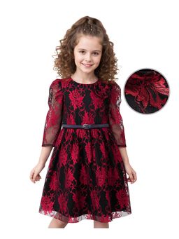 Hola Bonita - Knit Three Fourth Sleeves Shimmer Dress with Floral Applique and Belt