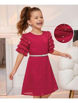 Hola Bonita - Woven Layered Half Sleeves Shimmer Party Dress with Belt