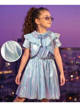 Hola Bonita - Knit Shimmered Party Dress with Half Sleeves Shrug and Belt