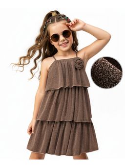 Hola Bonita - Knit Sleeveless Shimmer Pleated Tiered Party Dress with Floral Applique
